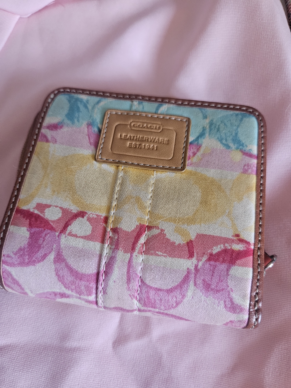 Coach Multicolor Signature Canvas Zip Wallet - Pink, Yellow & Blue